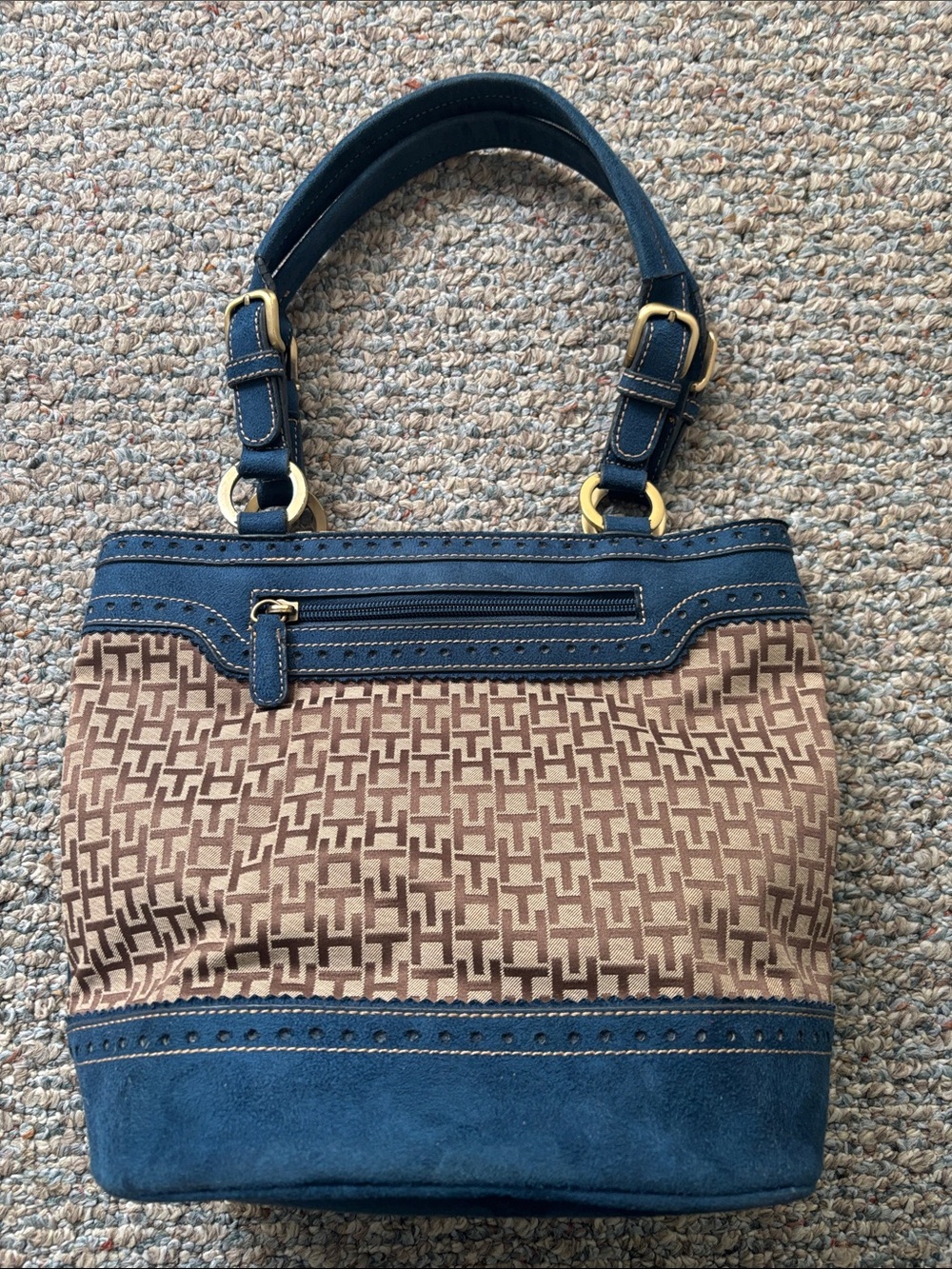 Tommy Hilfiger Blue Suede and Brown Patterned Shoulder Tote